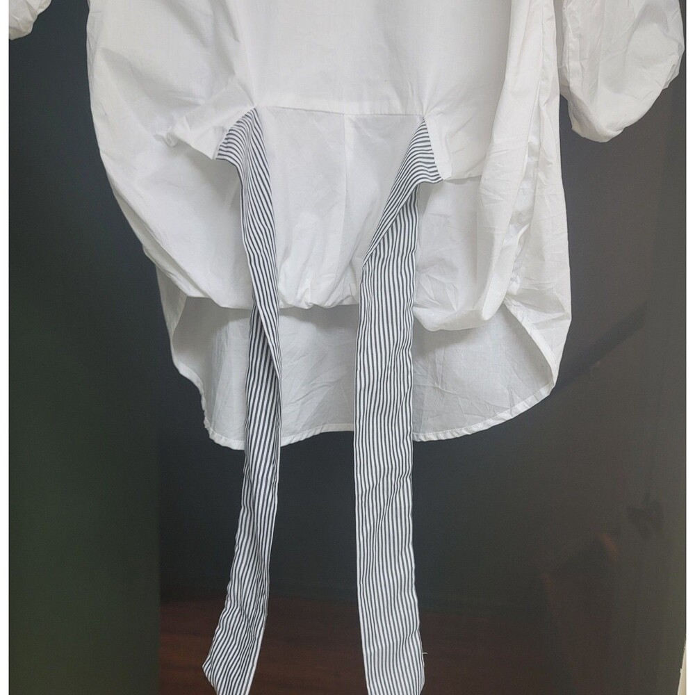 Coco Blue Womens White Cotton Top Short Sleeve Black & White Front Tie Sz S NWT - Picture 10 of 11
